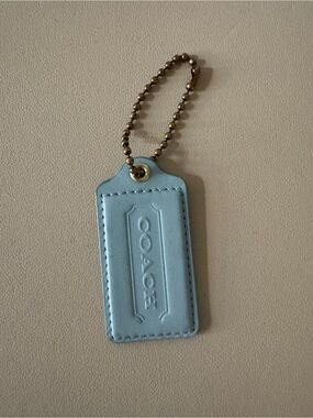 Vintage large Coach Light Blue Leather Tag Keychain with Brass Ball Chain